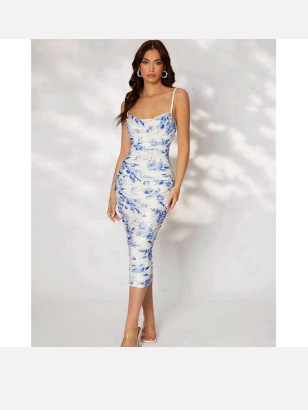 SHEIN White Slip Midi Dress with Blue Floral Motif NWT